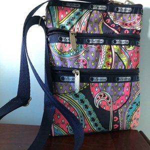 LeSportsac Pink Purple Paisley 3 Zipper Nylon Crossbody Bag 7.5x9.5”